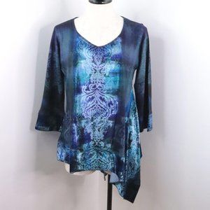 One World Women's M Blue Multi Ornate Velour Knit Asymmetrical Tunic Top